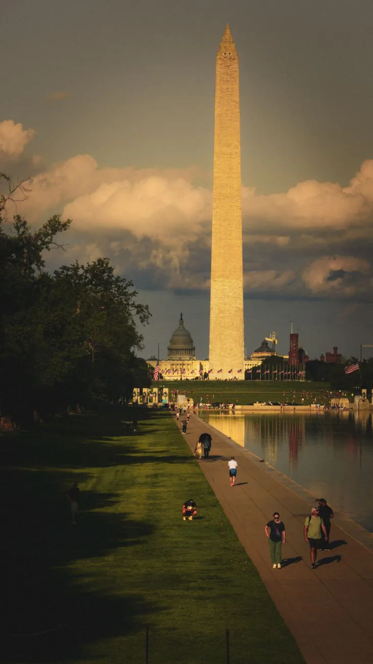 The Washington Monument at sunset on the National Mall