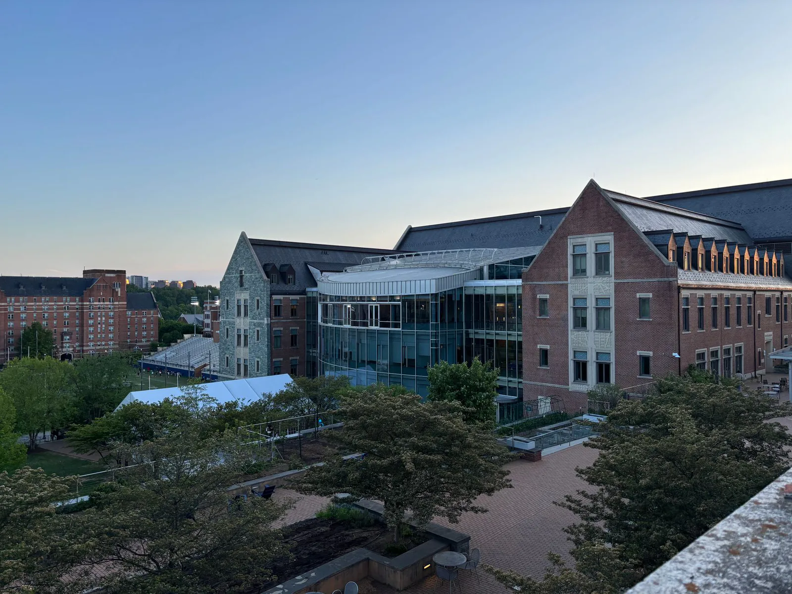 GW campus building at dusk